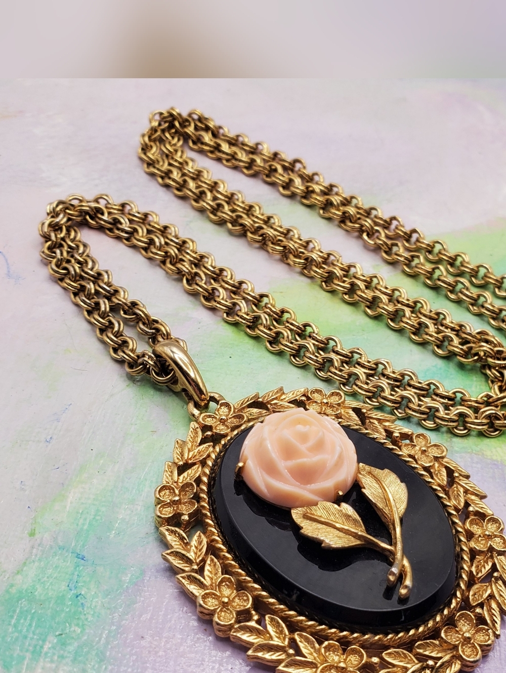 Vintage Avon Coral Rose Cameo Mirror Necklace Victorian Inspired Pendant